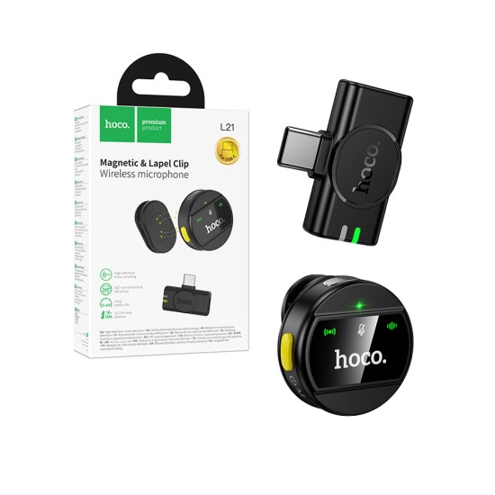 Microfone Magnético sem Fios Hoco L21 Charm com Conector Tipo-C Preto